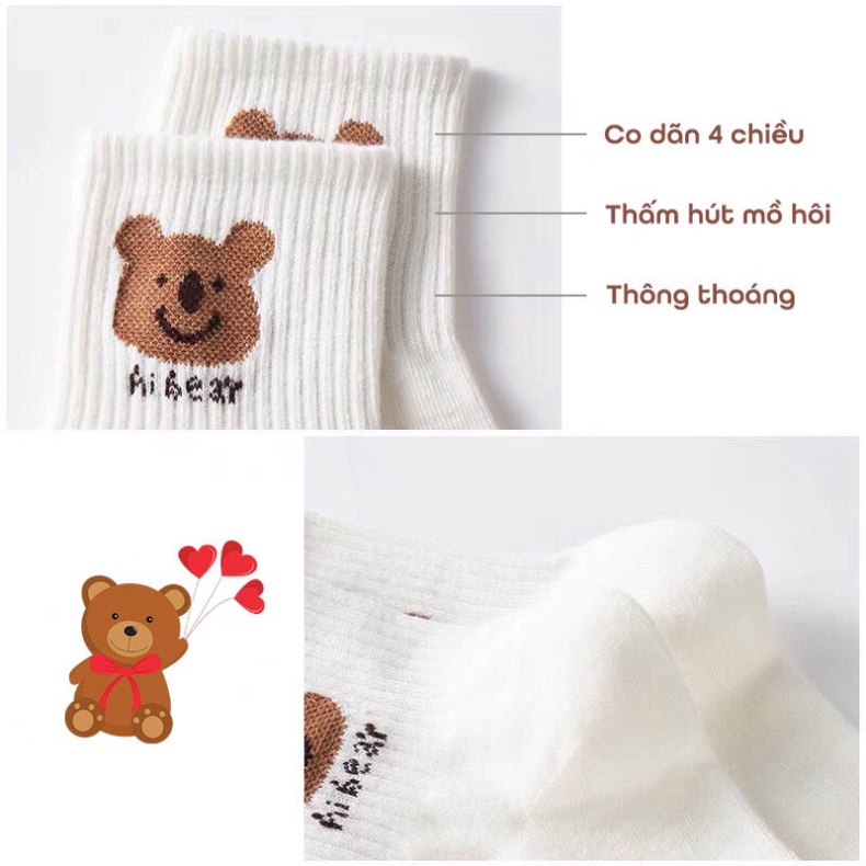 Set 5 Tất gấu trắngFREESHIPvớ cổ cao hoạ tiết hình đáng yêu chất liệu vải cotton co giãn bốn chiều