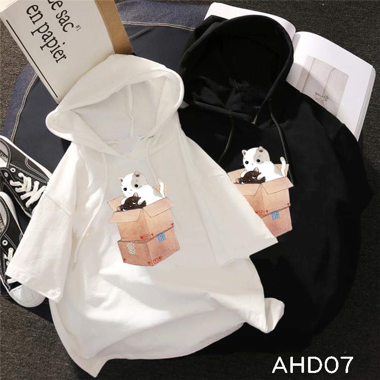 Áo thun teen nam nữ HOODIE TAY LỠ CÓ NÓN hình MÈO