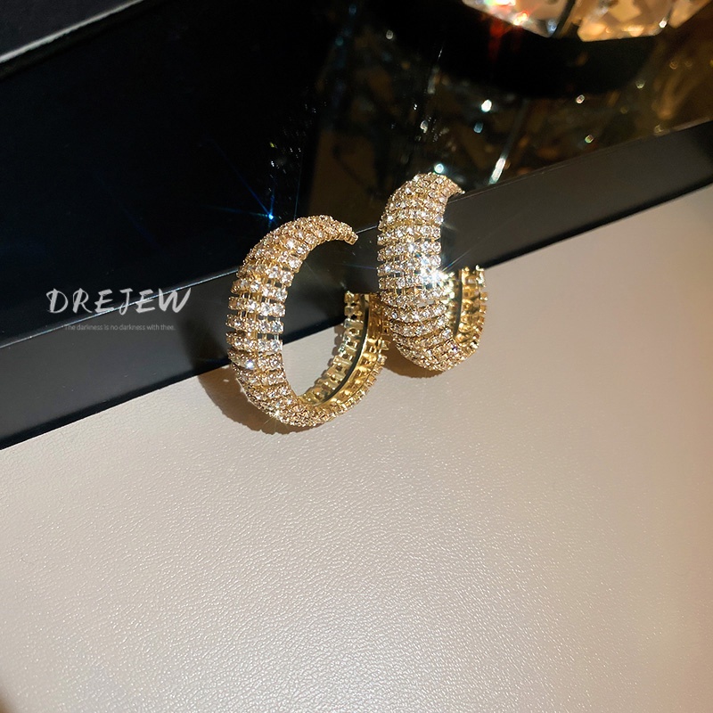 DREJEW Khuyên tai hình chữ C màu bạc đính kim cương phong cách Âu Mỹ thời trang
