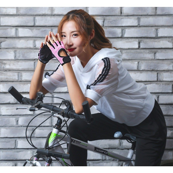Găng tay nữ tập gym màu hồng, găng tay hở ngón chống trượt thoáng khí thể thao, bao tay nữ tập thể hình
