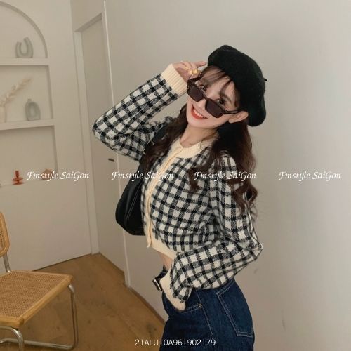 Áo len croptop dệt kim họa tiết caro tay dài cổ tròn phong cách hàn quốc 21ALU10A961902 | BigBuy360 - bigbuy360.vn