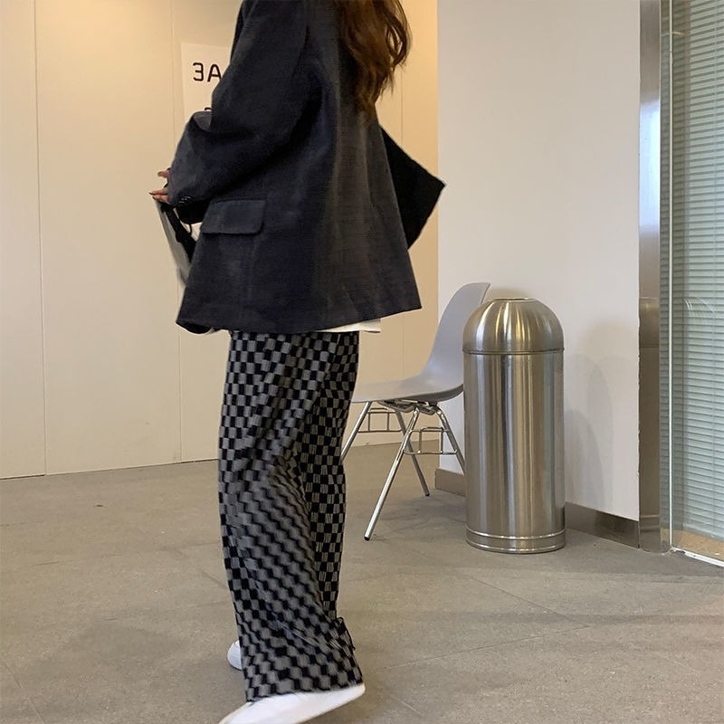 Quần ống rộng Họa Tiết Sọc Caro Thời Trang Thu Đông Cá Tính Cho Nữ