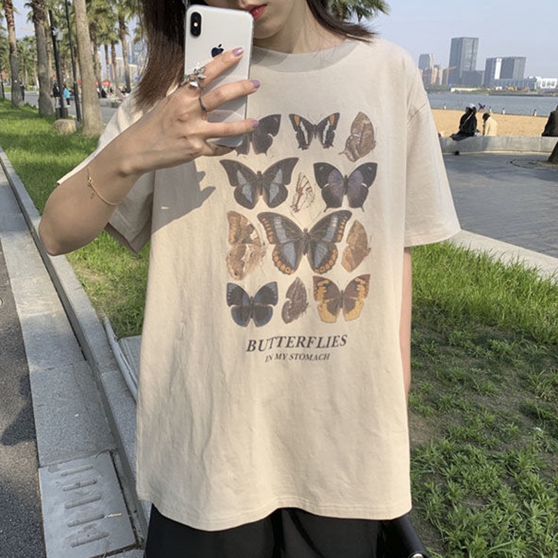 IELGY Áo thun tay ngắn dáng rộng in họa tiết bươm bướm phong cách cổ điển dành cho nữ