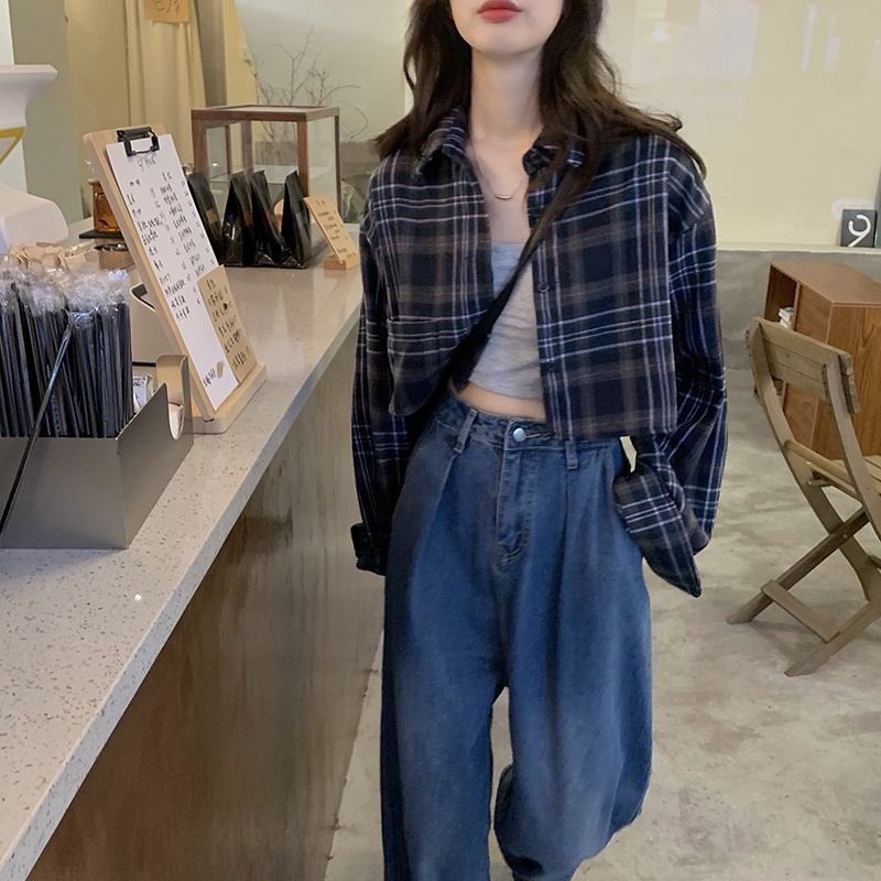 Áo khoác sơ mi nữ dài tay họa tiết caro dáng ngắn dễ thương