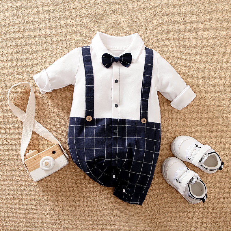 body dài tay chất cotton kiểu công tử thắt nơ đáng yêu cho bé trai