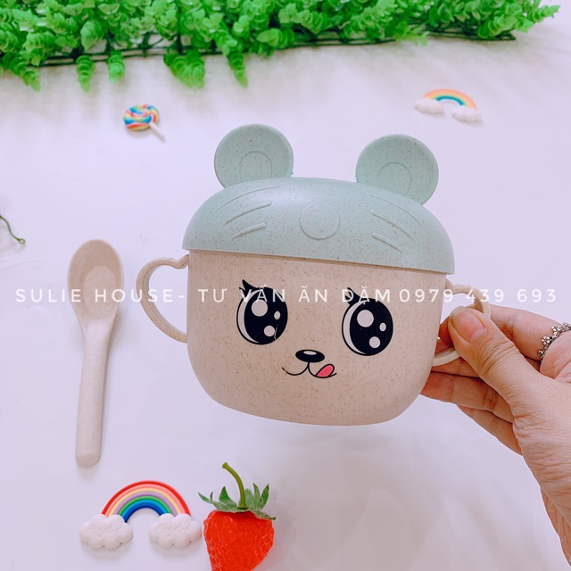 Bát ăn dặm lúa mạch đội mũ kèm thìa kute