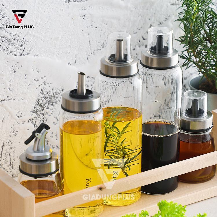 Bình đựng dầu ăn, nước mắm thuỷ tinh borosilicate (chịu nhiệt, chịu lực tốt) tay cầm &amp; viền inox 304 cao cấp VIMORA