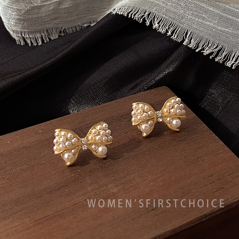 Hoa tai mạ bạc hình nơ đính ngọc trai kiểu Hàn Quốc đơn giản