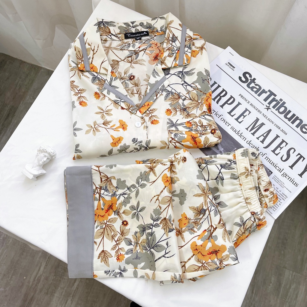 Bộ Mặc Nhà Pyjama Lụa Cộc Lửng Tea Store Họa Tiết