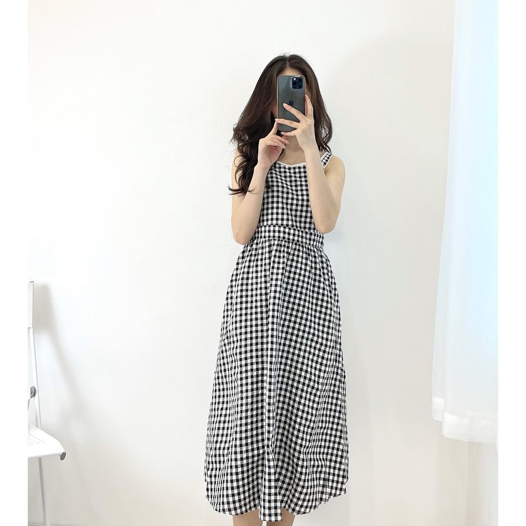 (FRESHIP) Đầm 2 dây caro xanh dương suông dài nơ sau lưng