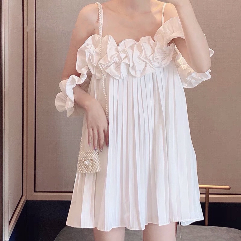 Đầm Nữ Trắng Trễ Vai Phối Bèo Dập Ly - Váy Nữ 2 Dây Dáng Xoè Xếp Li Tiểu Thư Ulzzang