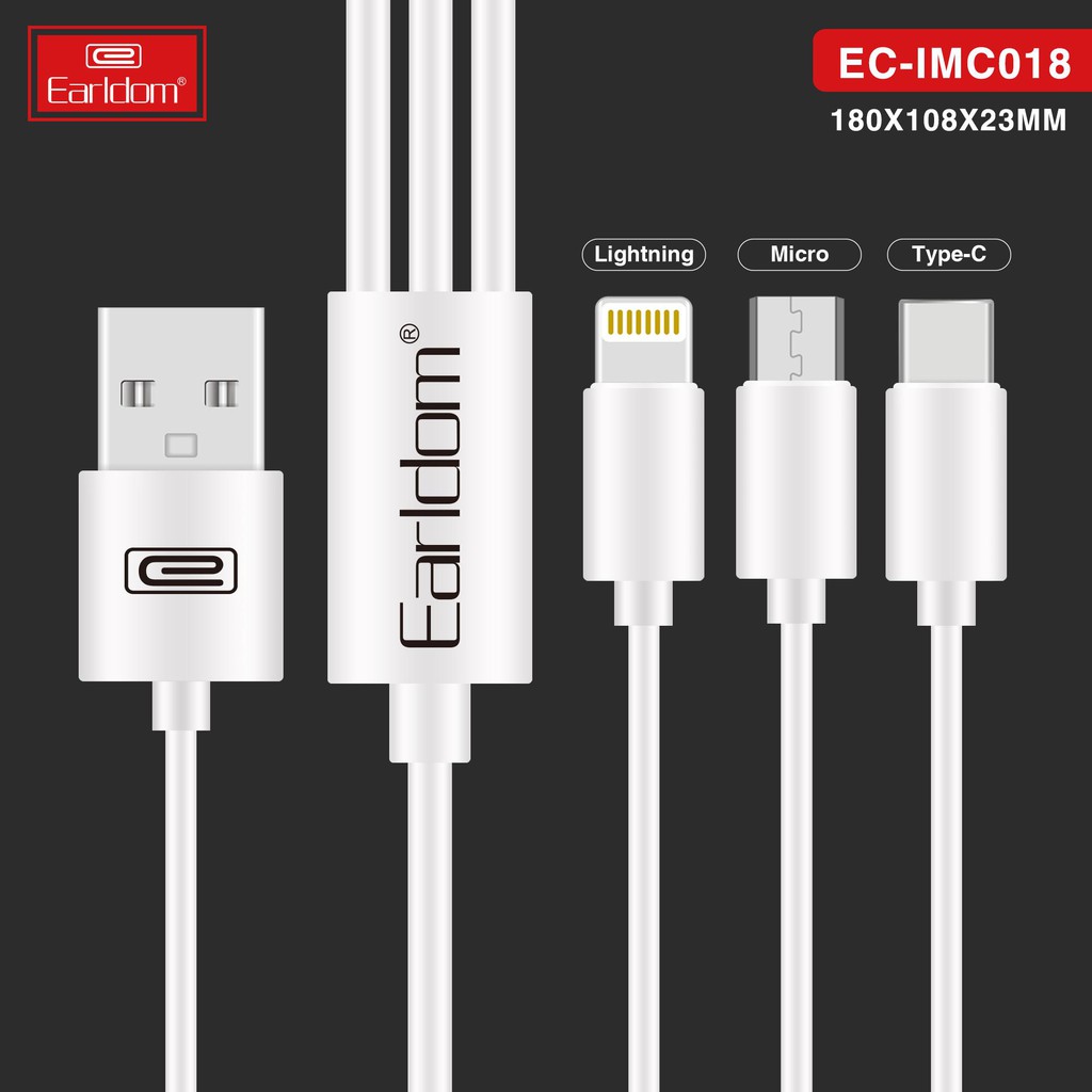 Dây sạc 3 trong 1 Earldom IMC-018, Cáp sạc 3 in 1 sạc nhanh cho Iphone, SamSung, Xiaomi dài 120cm