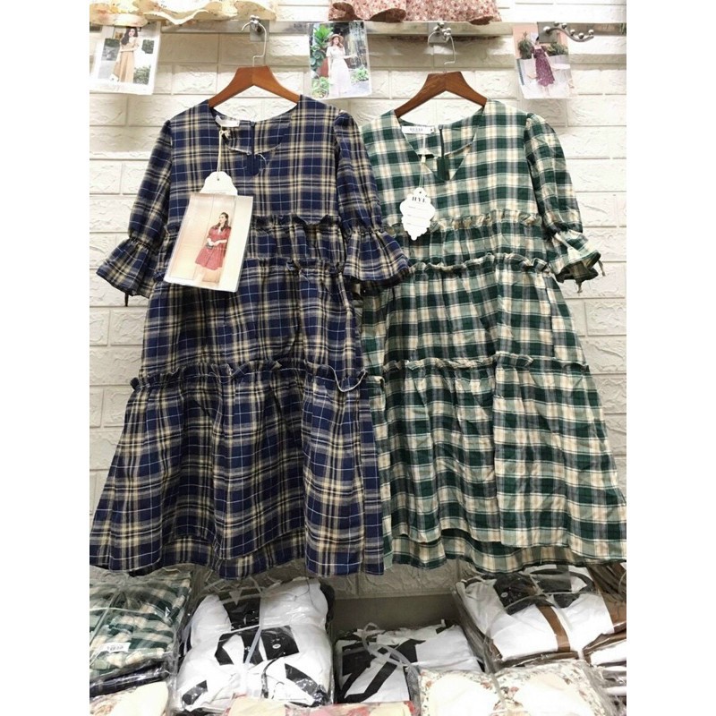 Váy,đầm kẻ baby doll tay phồng | BigBuy360 - bigbuy360.vn