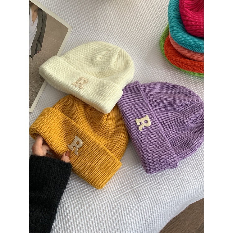 Mũ Len Đan In Chữ R Màu Xanh Dương Thời Trang Thu Đông Cho Nam Và Nữ