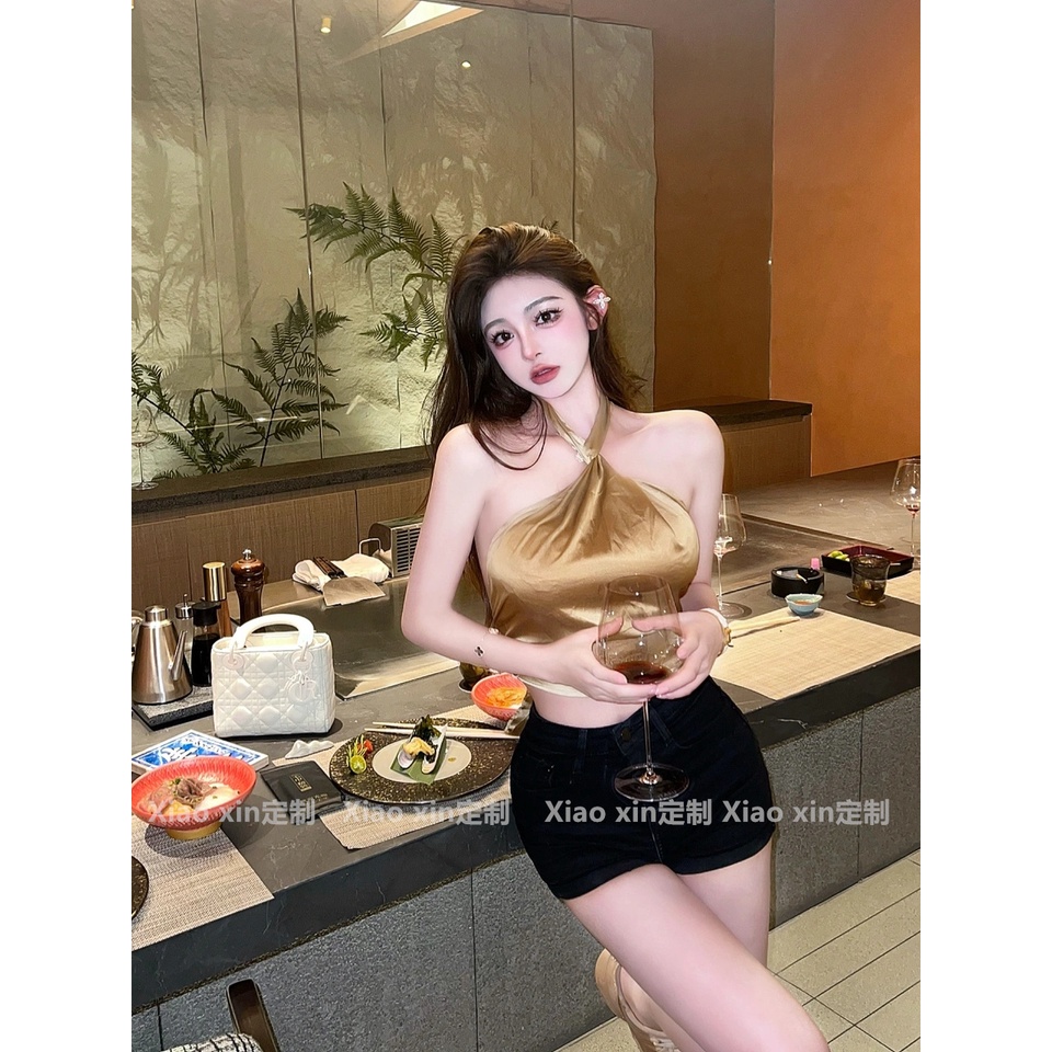Áo Hai Dây Dáng Ngắn Mỏng Chiết Eo Phong Cách Pháp Quyến Rũ