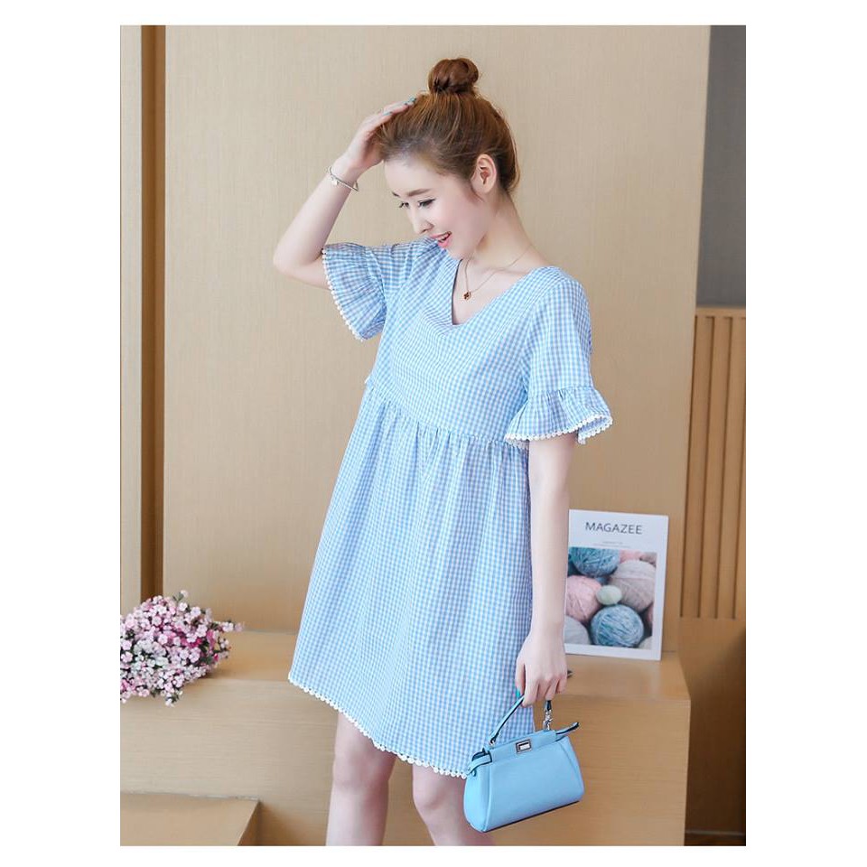 Váy Bầu Công Sở, Đầm Bầu Kẻ Caro Xanh Dây Chéo MYC1220