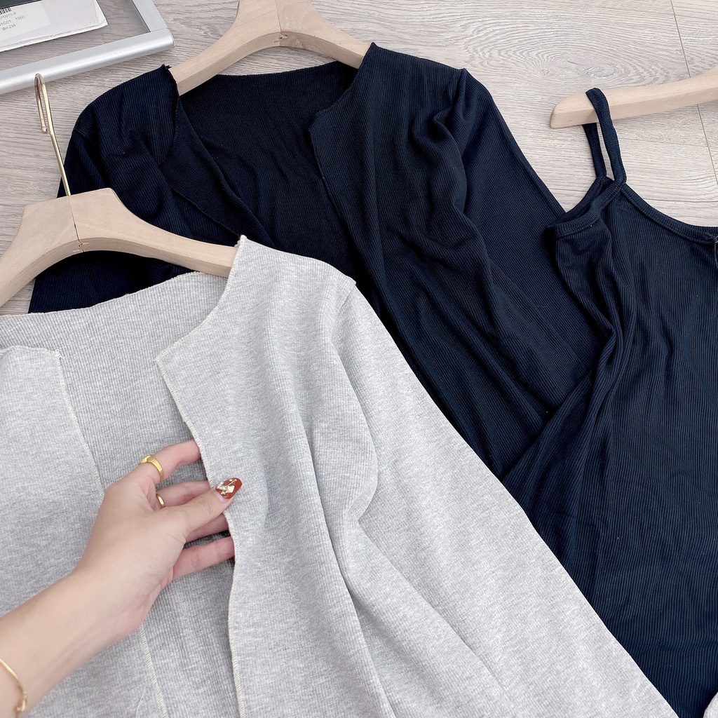Set váy hai dây đuôi cá mix áo khoác cardigan dày dặn mùa thu