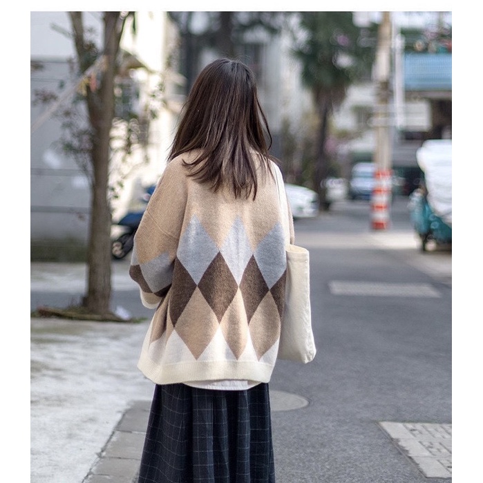 Áo cardigan len kẻ viền ulzzang Tia19 . Áo khoác len kẻ trám vintage ( Ảnh thật) | BigBuy360 - bigbuy360.vn