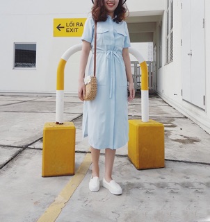 Đầm sơ mi cột eo 