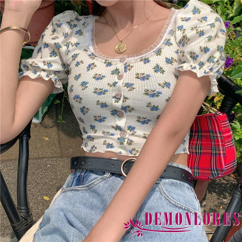 Áo Lửng Tay Phồng In Hoa Thời Trang Mùa Hè Xinh Xắn Cho Nữ