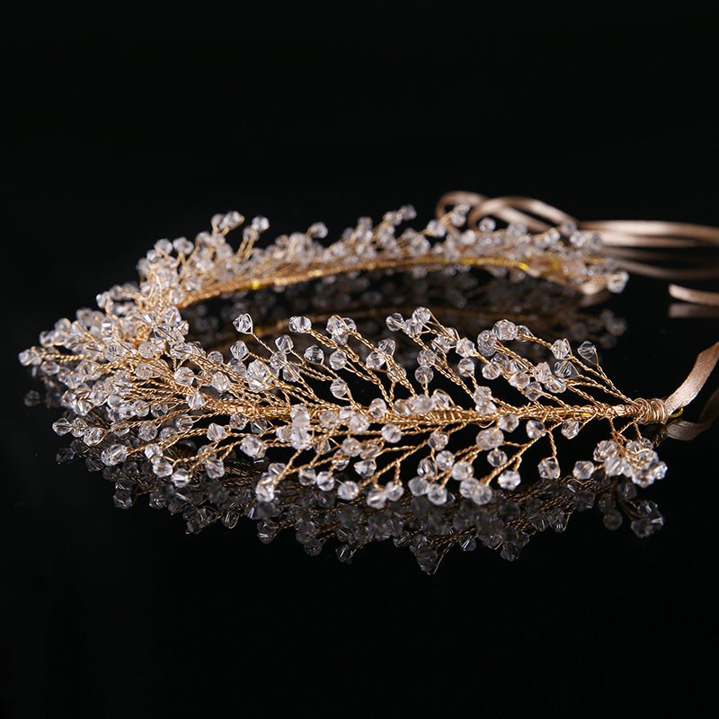 Vòng hoa dây ruy băng cô dâu đính đá pha lê lấp lánh