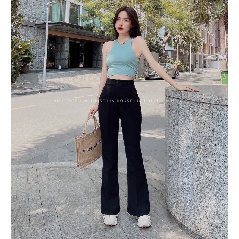 Quần ống loe xẻ tà gấu trước cạp cao tôn dáng màu đen chất vải tuyết mưa Quần tây ống loe lưng cao 1 nút siêu hack dáng