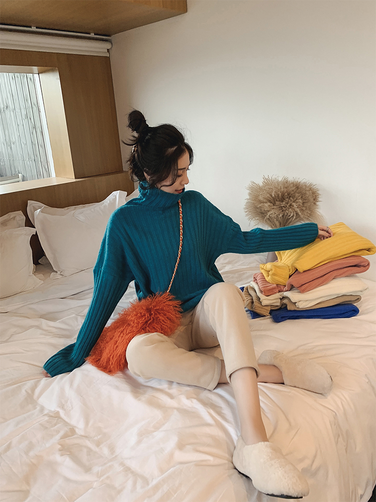 Áo sweater dệt kim SUXI tay dài cổ cao dáng rộng cho nữ 6 màu lựa chọn