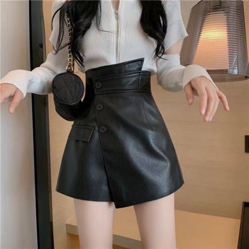 Quần váy da pu cao cấp, quần váy da phối 3 cúc-m626