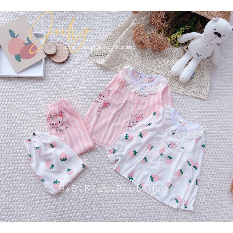 Bộ Ngủ Cổ Ren Dài Tay Chất Đũi Lạnh Cho Bé Gái
