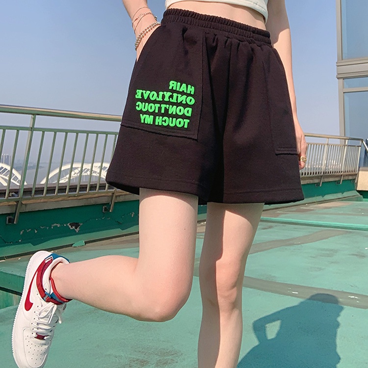 Quần short thể thao SUXI lưng cao ống rộng in chữ thời trang hè cho nữ