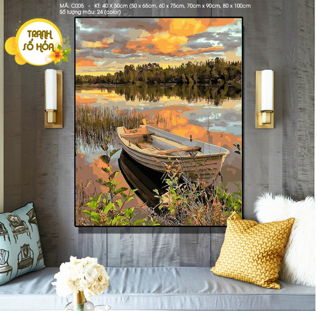 Tranh sơn dầu số hóa tự tô Phong cảnh Thuyền sông C005 - Tặng kèm cọ , màu , khung , Paint by numbers DIY - ToastedART