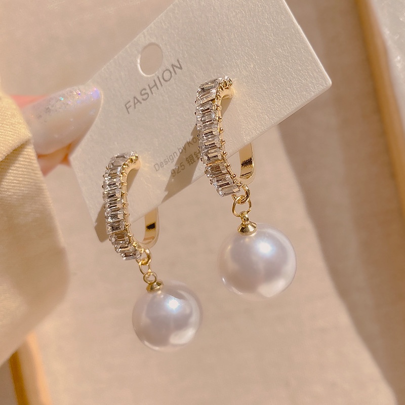 Khuyên Tai Dài Đính Kim Cương Ngọc Trai Nhân Tạo Phong Cách Hàn Quốc Mới