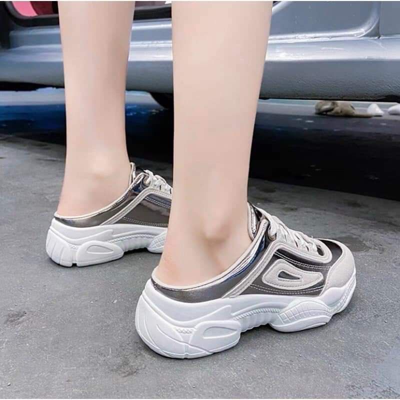Giày thể thao nữ Sục màu bạc hở gót độn đế đi êm hàng cao cấp