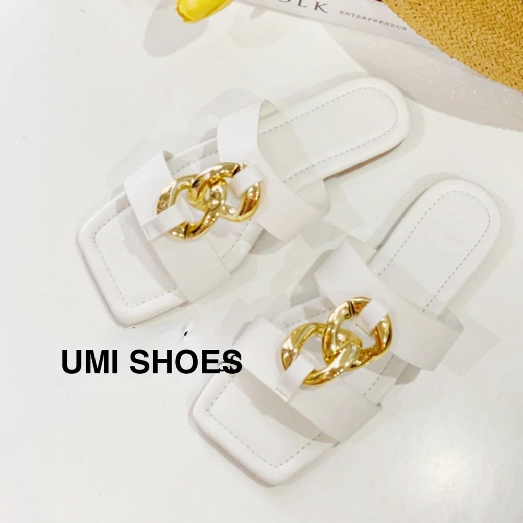 [NOWSHIP HN] Dép nữ quai ngang móc khóa xích dọc sáng chân mũi vuông đế bệt thời trang nhẹ nhàng mới hot đẹp xinh trắng