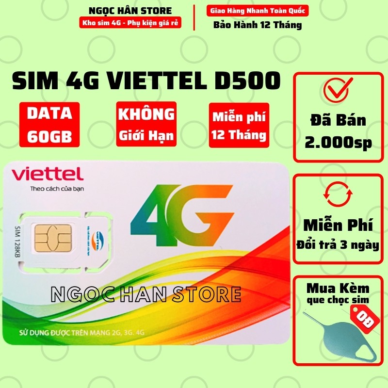 Sim 4G Viettel D500 / D500T (Sim Nghe Gọi) Data 60Gb Trọn Gói Cả Năm Không Cần Nạp Tiền - Sim không giới hạn dung lượng