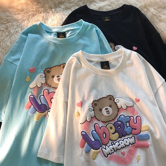 Áo Thun Ngắn Tay Họa Tiết Gấu Hoạt Hình Xinh Xắn