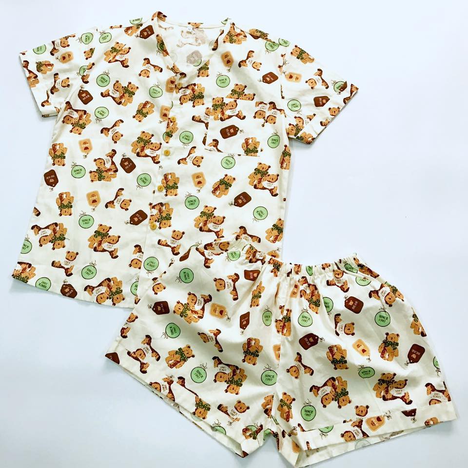 Bộ Pijama mặc nhà nữ vải cotton Thô mịn đẹp hút mồ hôi Gấu bông Teddy 50-65kg