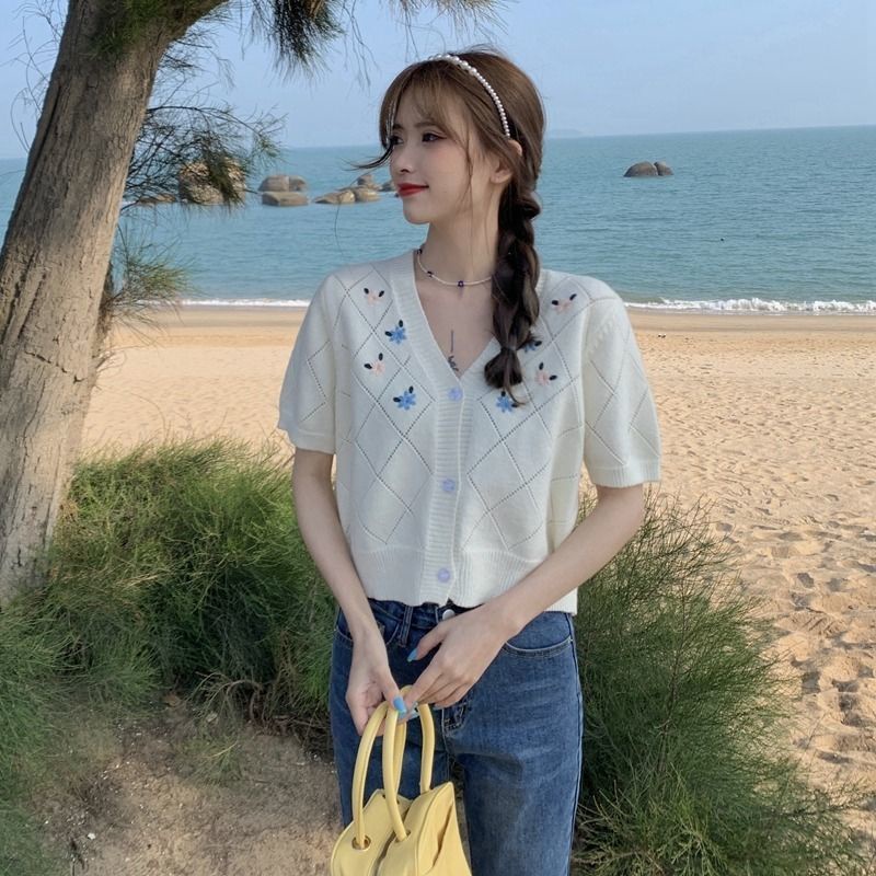 Áo Sweater Ngắn Tay Thêu Họa Tiết Thanh Lịch 185475 Áo Kiểu Cổ Chữ v Phong Cách Retro Xinh Xắn Cho Nữ