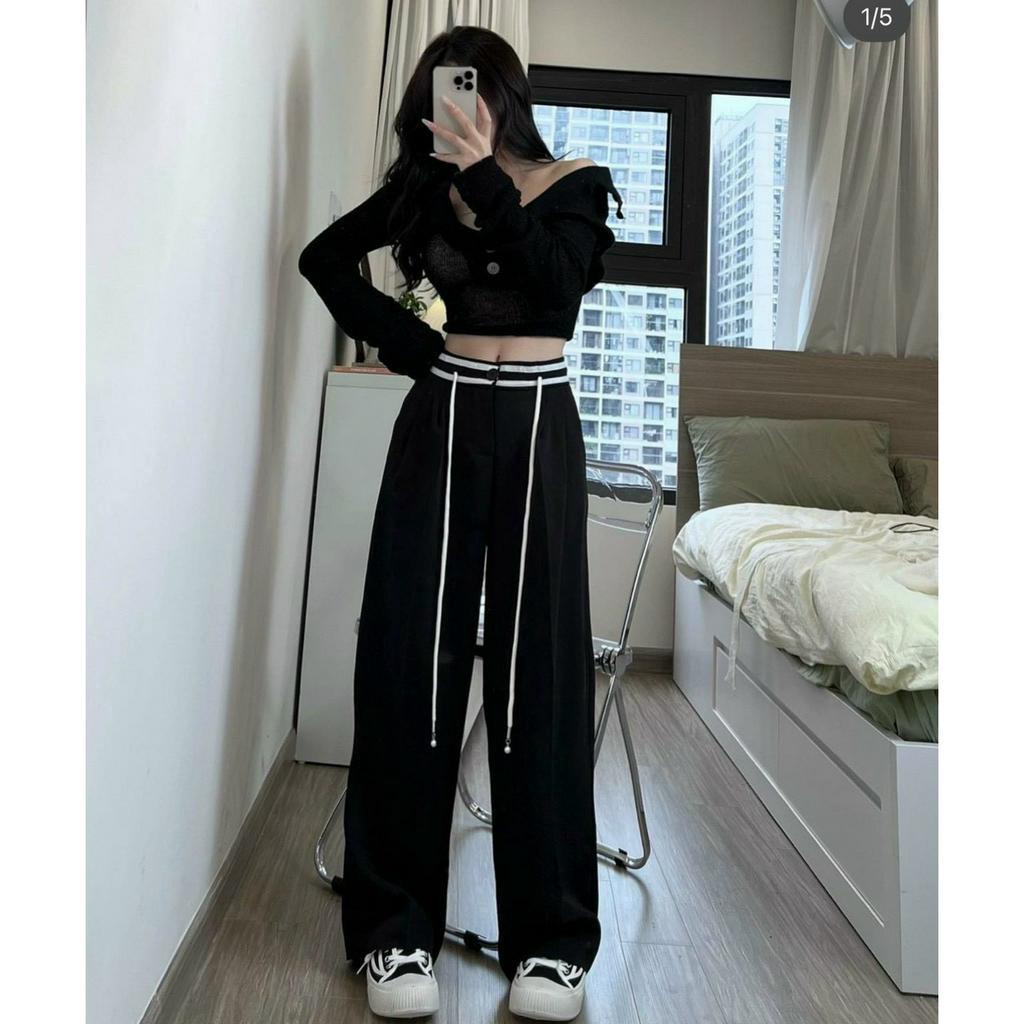 SET CROP ĐEN CỔ BẺ CUTOUT NƠ LƯNG + QUẦN SUÔNG VIỀN