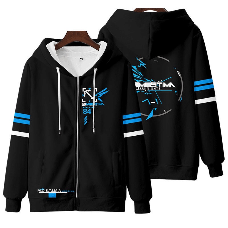 Anime mới Arknights MOSTIMA Áo Hoodie có dây kéo thời trang nam Nhật Bản dáng rộng ❥ ❈ Áo len in hình Unisex Áo khoác dài tay có mũ trùm đầu Top Cosplay
