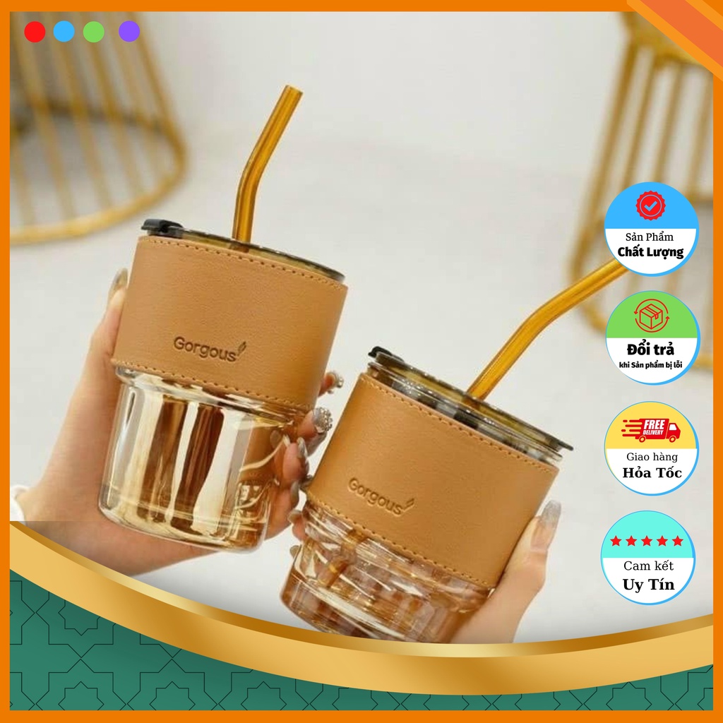 Cốc thủy tinh hổ phách GorGous bọc da sang chảnh, chống bỏng, có nắp kín kèm ống hút cao cấp, tiện lợi 420ml