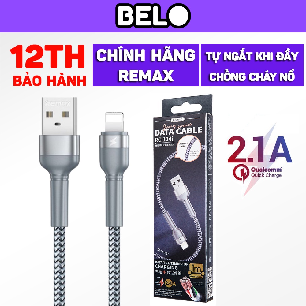 Cáp Sạc Nhanh Remax Rc-124 Sạc Nhanh 2.4a, An Toàn Không Nóng Máy, Dây Cáp Dài 1m, Dây Nylon Bảo Hành 12th Belo - RC124