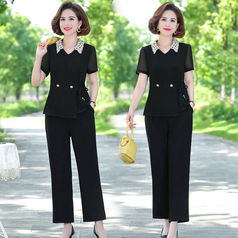 Set Đồ Bộ Hai Mảnh Vải Voan Dáng Rộng Thời Trang Mùa Hè Cho Phụ Nữ Trung Niên 2021