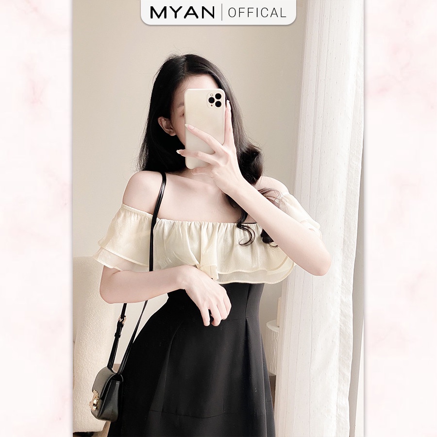 Váy Xòe Trễ Vai Dáng Dài MYAN Thiết Kế Dự Tiệc Chiết Eo Phối Bèo 2 Lớp Xẻ Tà Màu Đen VVN102202