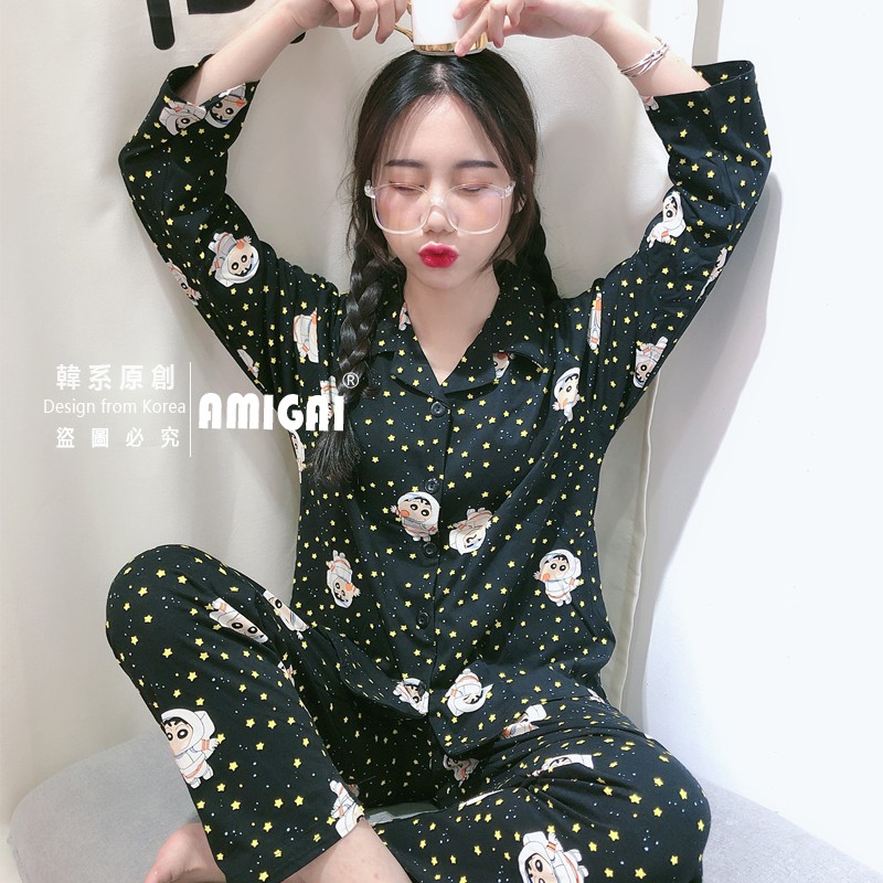 Pajamas dài tay in hình cậu bé bút chì làm phi hành gia phong cách hàn quốc đáng yêu