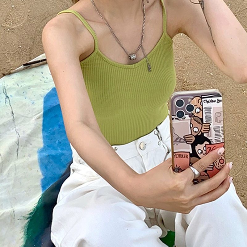 Áo Croptop Hai Dây Dệt Kim Cổ Chữ V Màu Sắc Trơn Quyến Rũ Dành Cho Nữ