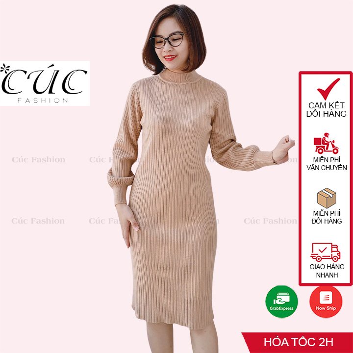 Váy len nữ cổ 3 phân cao cấp công sở dáng body Cúc Fashion VL28 váy len tăm