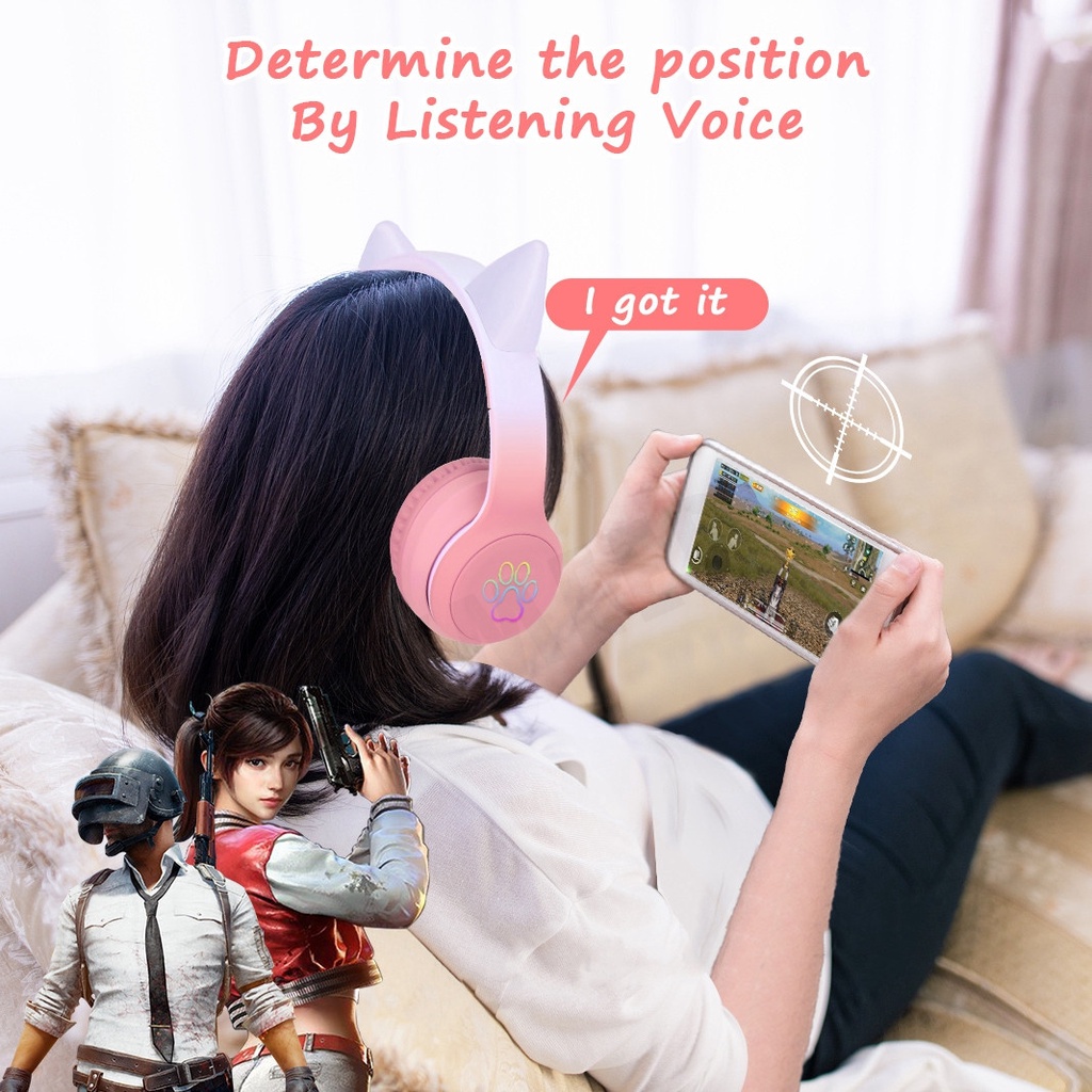 Tai Nghe Chụp Tai Bluetooth Không Dây Âm Thanh Nổi RGB Hình Tai Mèo Màu Gradient Có Mic Cho Bé Gái