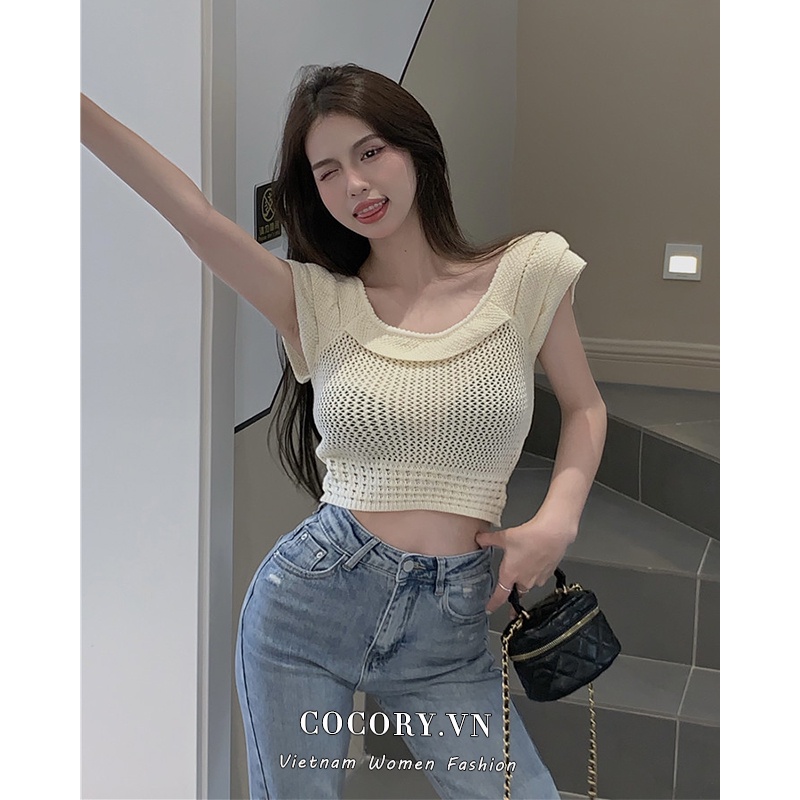 Cocory vn Áo Croptop Dệt Kim Sát Nách Cổ Tròn Thời Trang Mùa Hè Cho Nữ