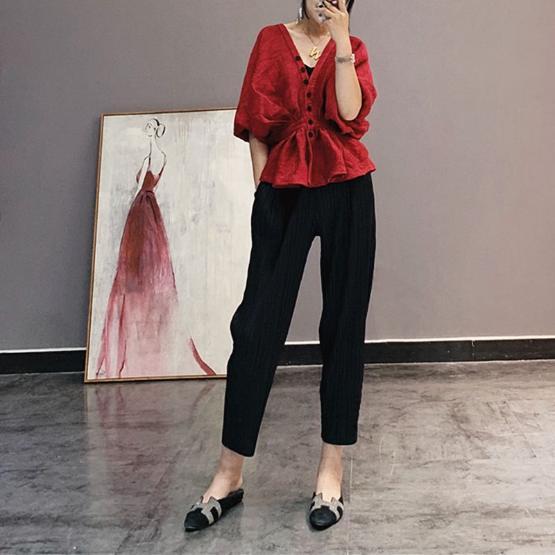 Issey Miyake Quần Harem Chín Tấc Dáng Rộng Xếp Ly Thời Trang Mùa Hè 2022 Cho Bà